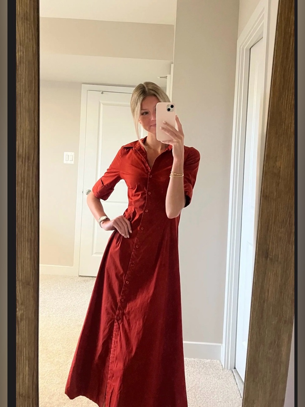 Staud Joan maxi dress Button-Front Maxi Shirt Dress in Rust Orange - Picture 6 of 10